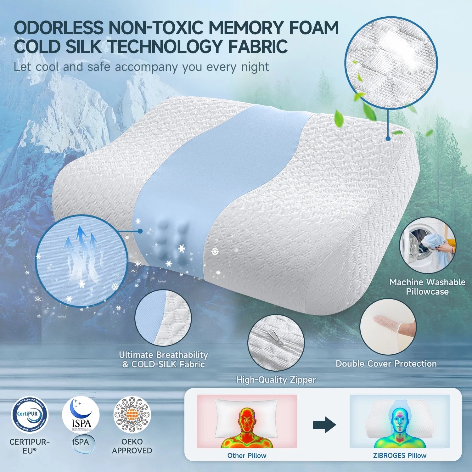 Bed Pillow, Cervical Neck Pillow for Pain Relief, Contour Memory Foam Pillows for Sleeping, Odorless Ergonomic Pillow, Orthopedic Cooling Pillow Bed Pillow Neck Support for Side Back Stomach Sleepers