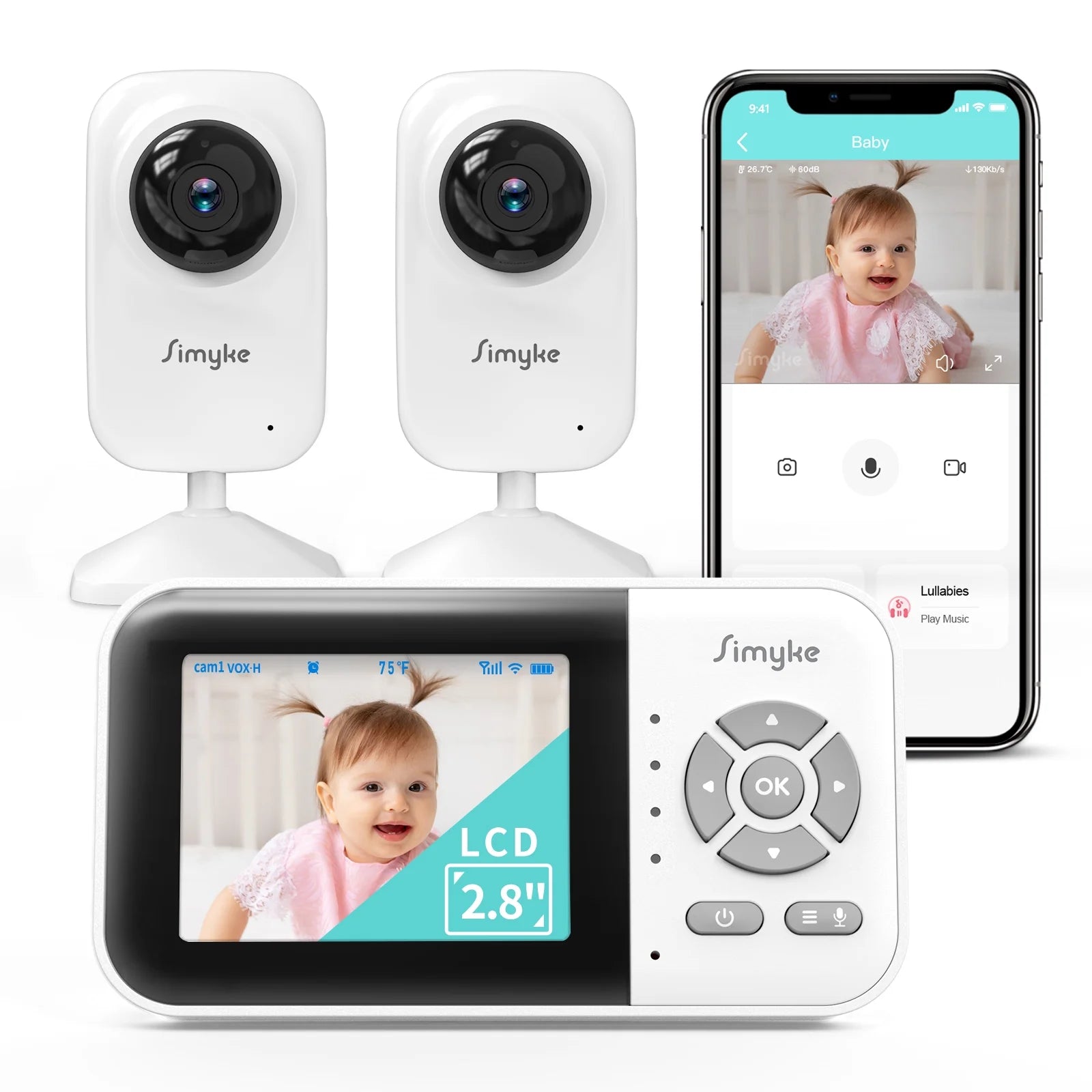 Dual Camera Video Baby Monitor, 2.8" LCD, Wireless, Night Vision, 2-Way Audio, App Access, 1200Ft Range, Feeding Timer, Temperature Sensor, Portable for Home Use