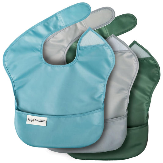 Mess Proof Baby Bibs for Eating - Waterproof, Wipeable Bibs - Toddler Bibs - Travel Friendly - PFAS, PVC, BPA, Phthalate Free - Baby Food Bibs (3 Pack,Slate, Olive)